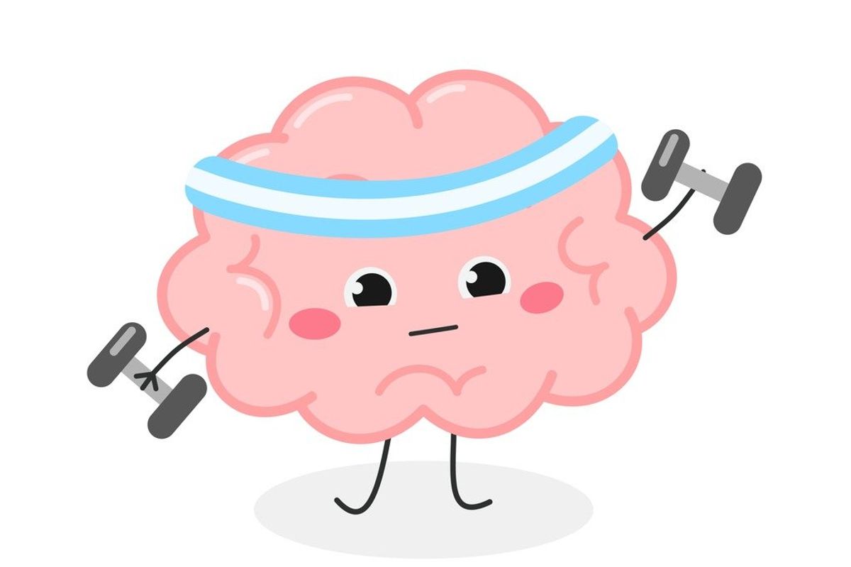 Cute funny cartoon brain training with dumbbells